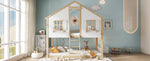 Bunk Bed, Children's with Windows & Roof, Safety Rails, Pine & MDF, White & Natural, 90x200cm