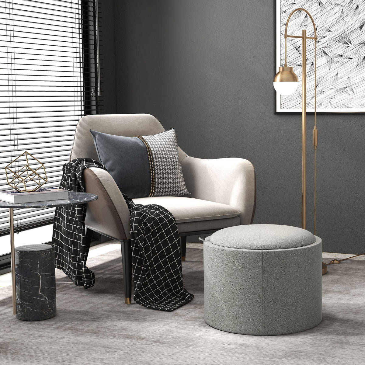 Ottoman Round Stool with Storage and Hinged Lid, grey linen look