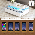 Coffee Table with Tray, 90 x 45 x 35.5 cm, 2 Drawers, Tempered Glass, LED Light, White