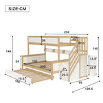 Bunk Bed, Trundle & Wardrobe, Corner Stairs, Pine+MDF, White+Natural