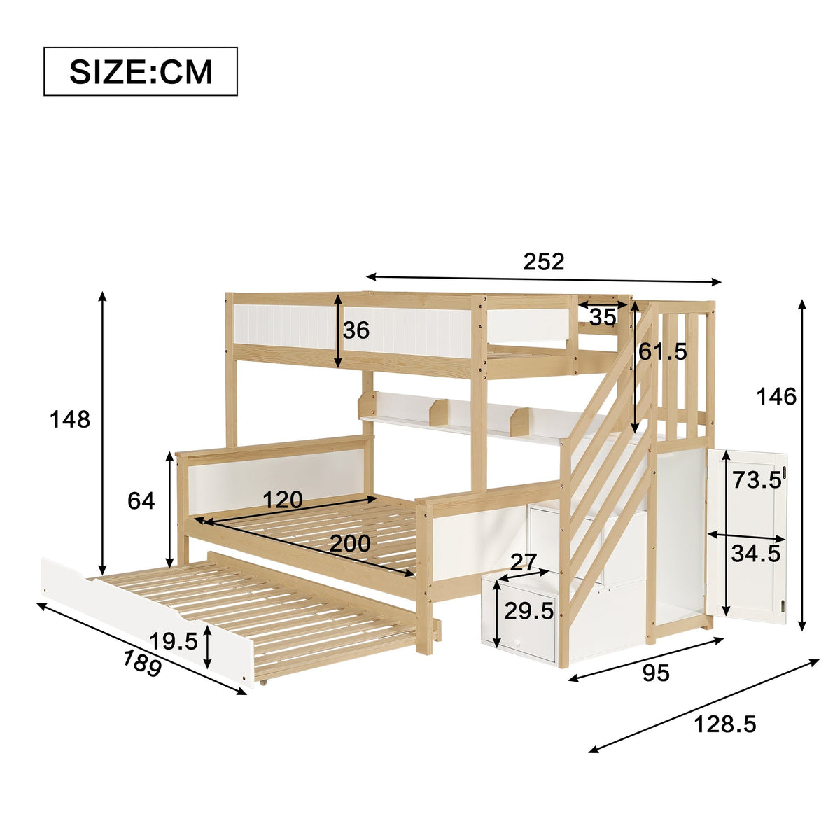 Bunk Bed, Trundle & Wardrobe, Corner Stairs, Pine+MDF, White+Natural