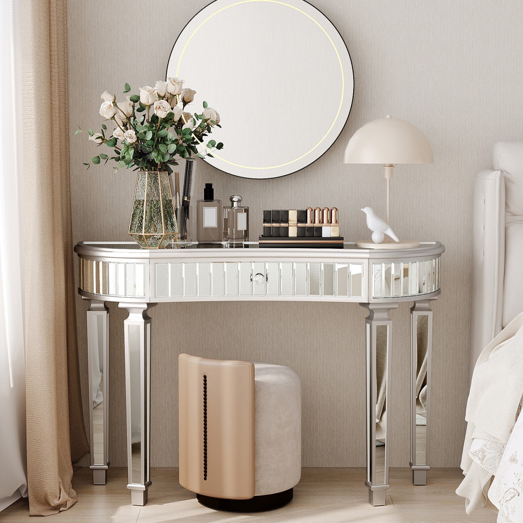 Half-Moon Mirrored Console Table with Fluted Glass and Crystal Knob Drawer, Grey and Silver