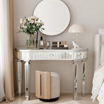 Half-Moon Mirrored Console Table with Fluted Glass and Crystal Knob Drawer, Grey and Silver