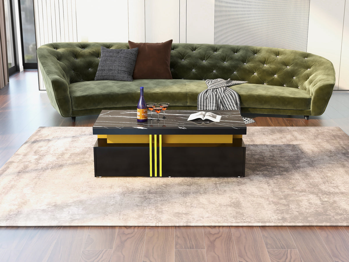 Modern Rectangular Coffee Table with 2 Drawers, High-Gloss and Marble