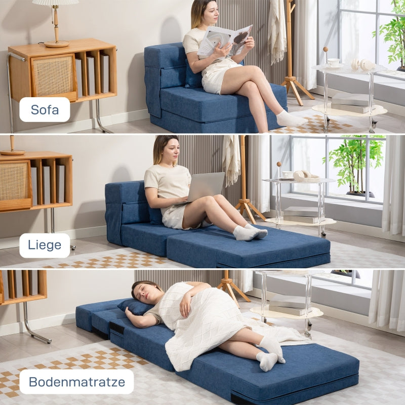 3-in-1 Sleeper Chair Foldable Sofa Bed Recliner Lumbar Cushion Flannel-Look Dark Blue