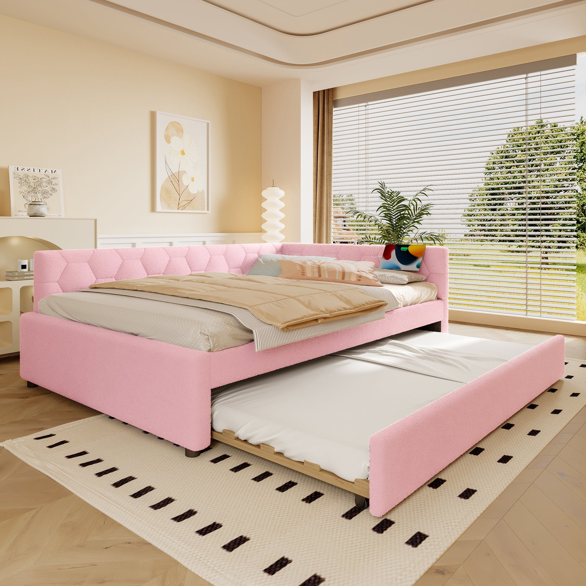 Daybed 140x200cm Sofa Bed Pull-Out Bed Lamp USB/Type-C - Faux Fleece Pink