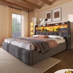 Upholstered Bed 140x190cm with Storage & LED, Grey Linen