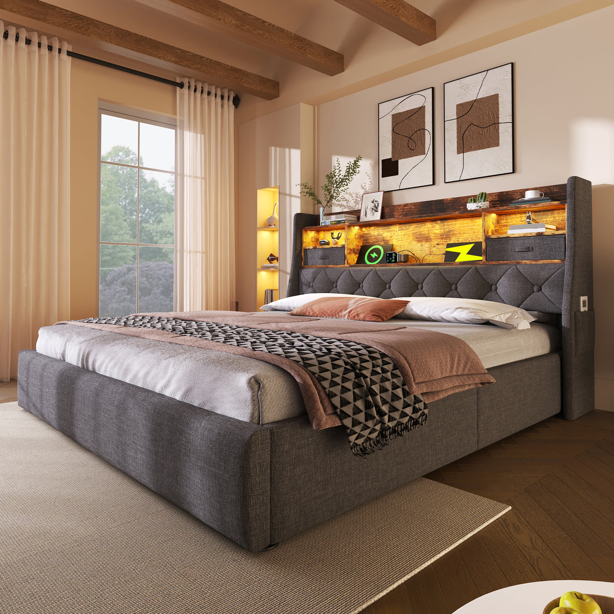 Upholstered Bed 140x200cm with LED Headboard & Storage, Grey Linen