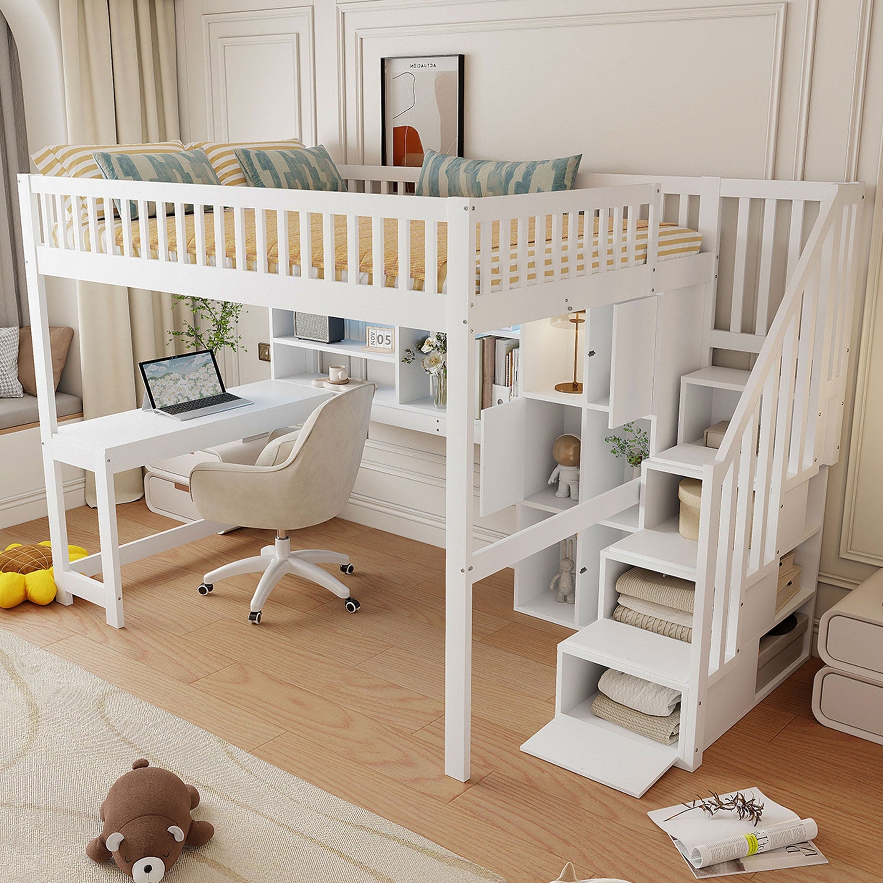 Loft Bed with LED Lights, Storage Ladder, Shelves and Desk, 140x200cm, White