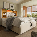 Upholstered Bed 90x200cm with Hydraulic Storage & LED, Beige Linen