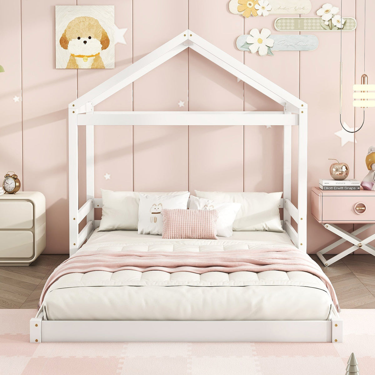 House Bed 140x200cm House Shape Slatted Base - White Pine