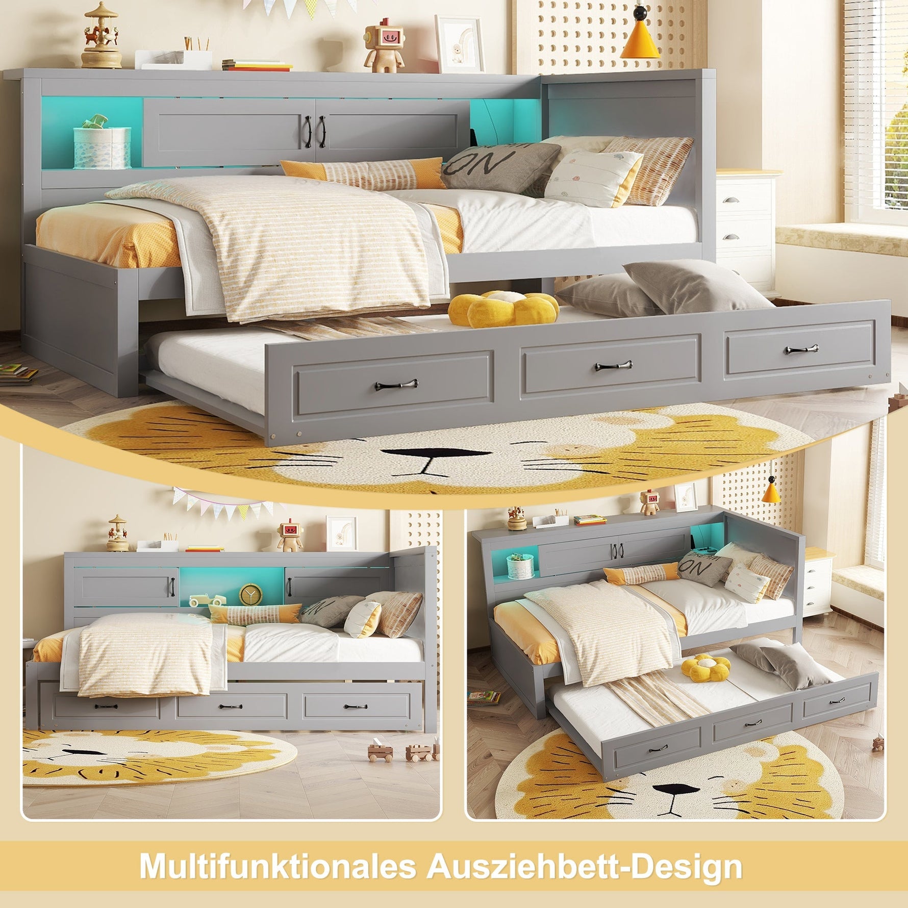 Sofa Bed Daybed 90x200cm Pull-out Bed LED Storage USB Outlet - Grey