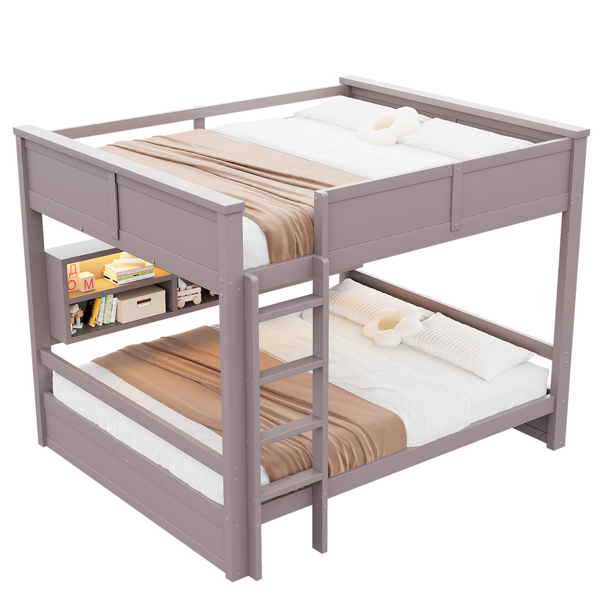 Bunk Bed 160x200 with Storage Cabinets & LED Light, Brown
