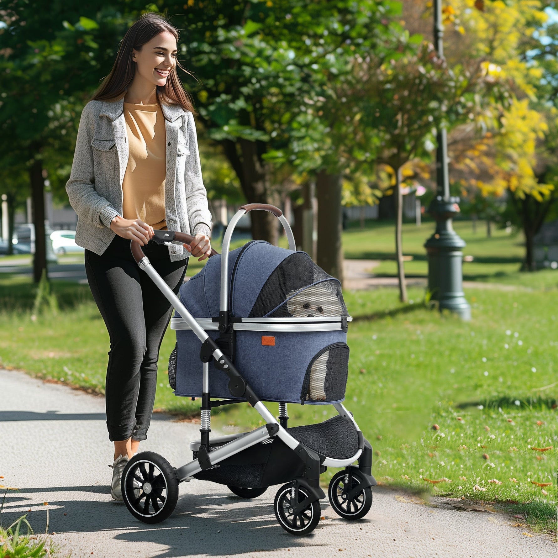 Dog Stroller, 3-in-1 Foldable Buggy with Cushion, Dark Blue