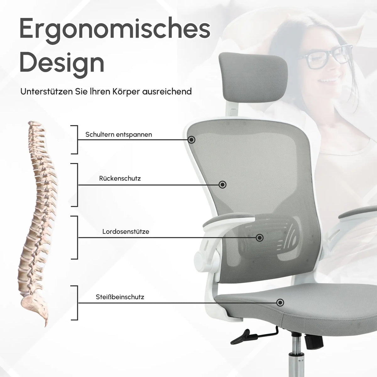 Ergonomic Office Chair, Headrest Rocking Function Height Adjustable, Grey