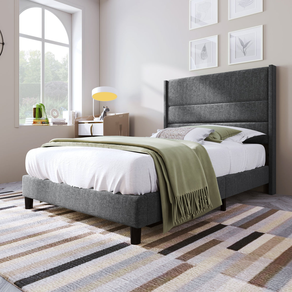 Upholstered Bed, 90x200cm with Slatted Frame & Headboard, Grey Linen