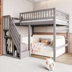 Solid Wood Bed 140x200 with Storage Stairs & Railing, Grey
