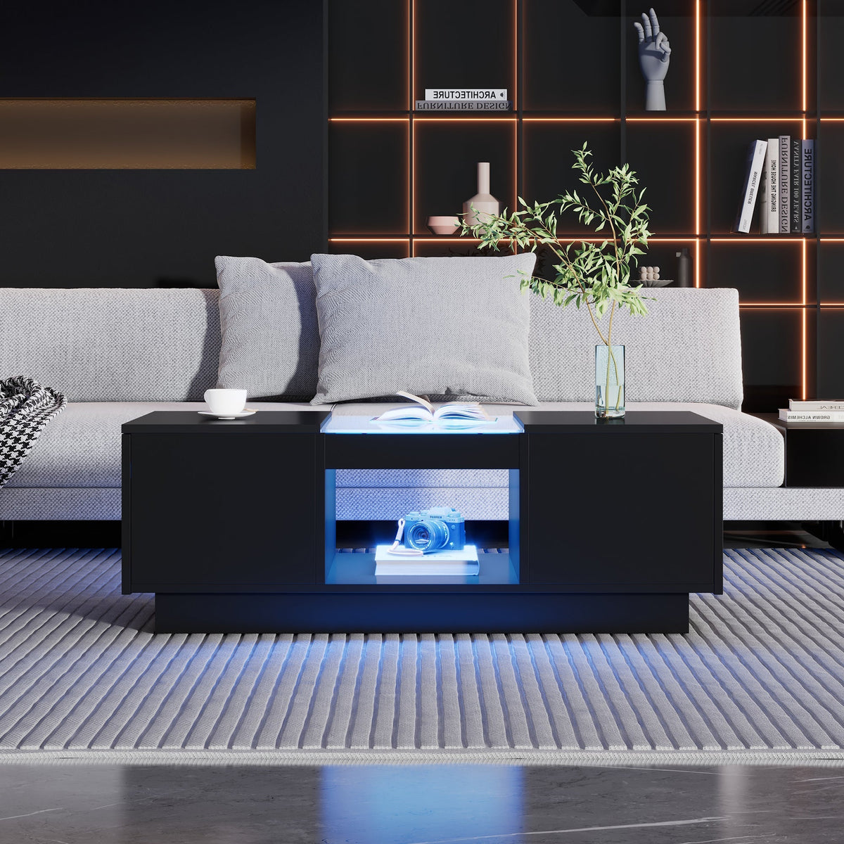 Black Coffee Table with Glass Panel, LED Lighting, App Control, 2 Drawers, 100x50x35.5 cm