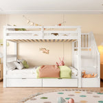 Bunk Bed with Stair Shelf and Two Storage Drawers, 90x200cm, White Pine Wood and MDF