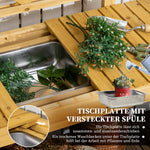 Planting Table with Extendable Tabletop, Stainless Steel Sink, Solid Wood, Brown