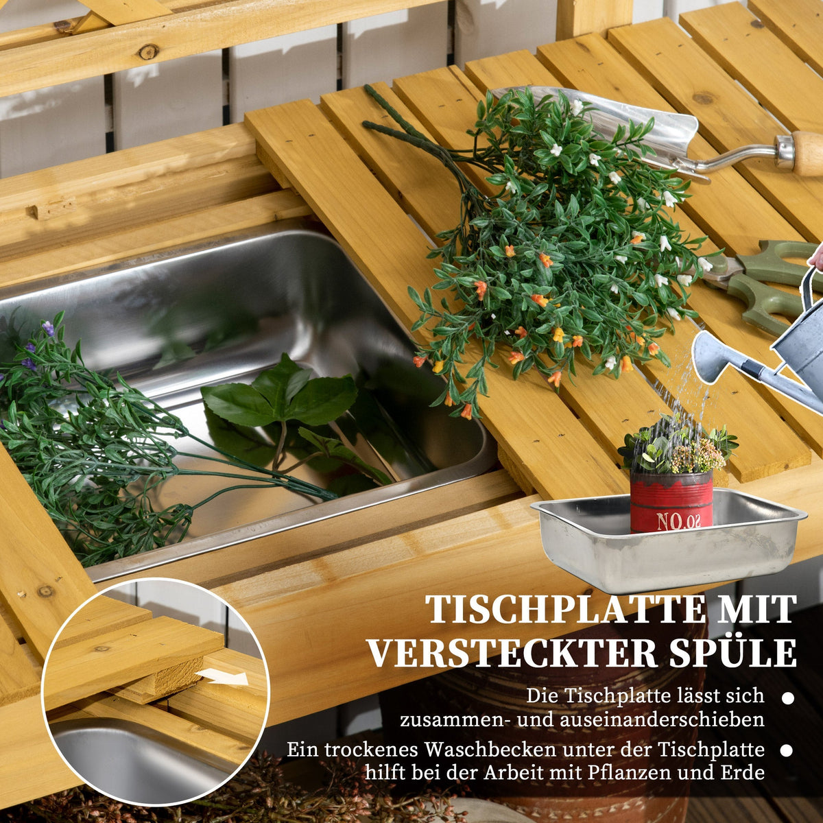 Planting Table with Extendable Tabletop, Stainless Steel Sink, Solid Wood, Brown