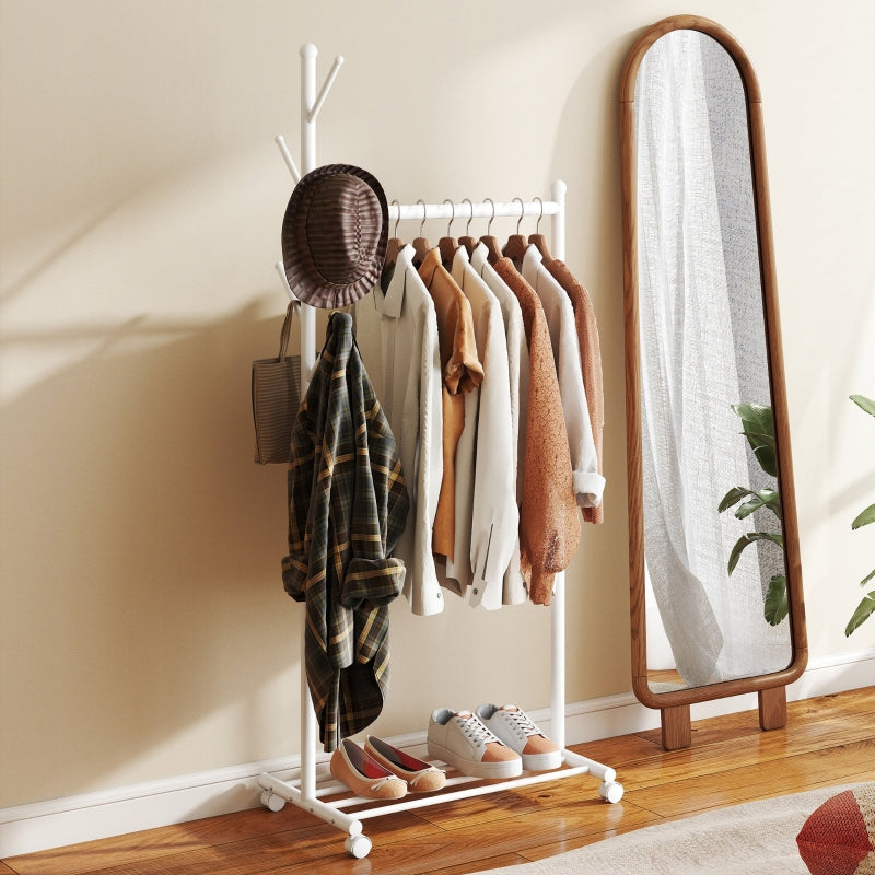 Clothes Rack, Mobile Wardrobe Rail 5 Hooks Shoe Rack, White