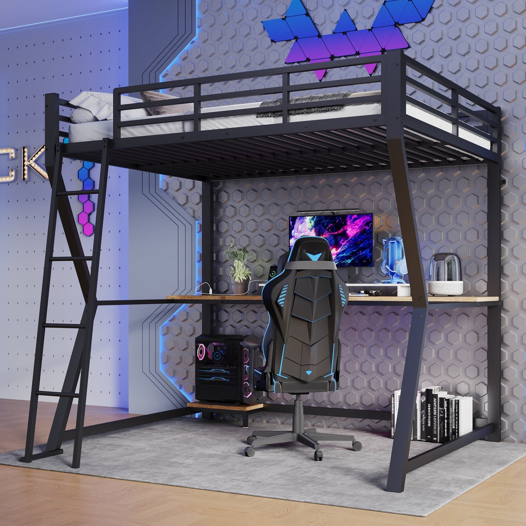 Loft Bed 140x200cm Desk Console Shelf LED USB/Power Stairs - Black