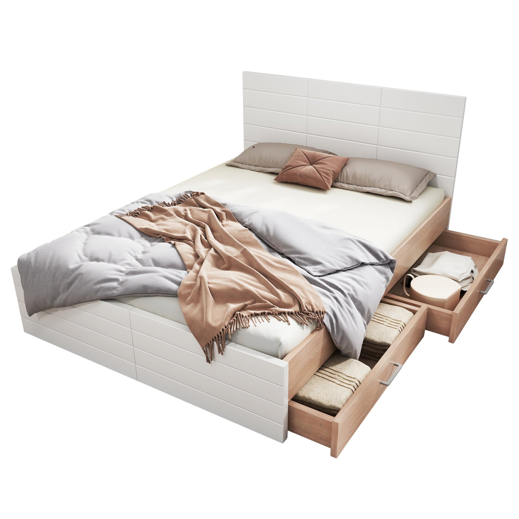 Double Bed 160x200cm, Modern Wooden Frame with 2 Drawers, Oak/White