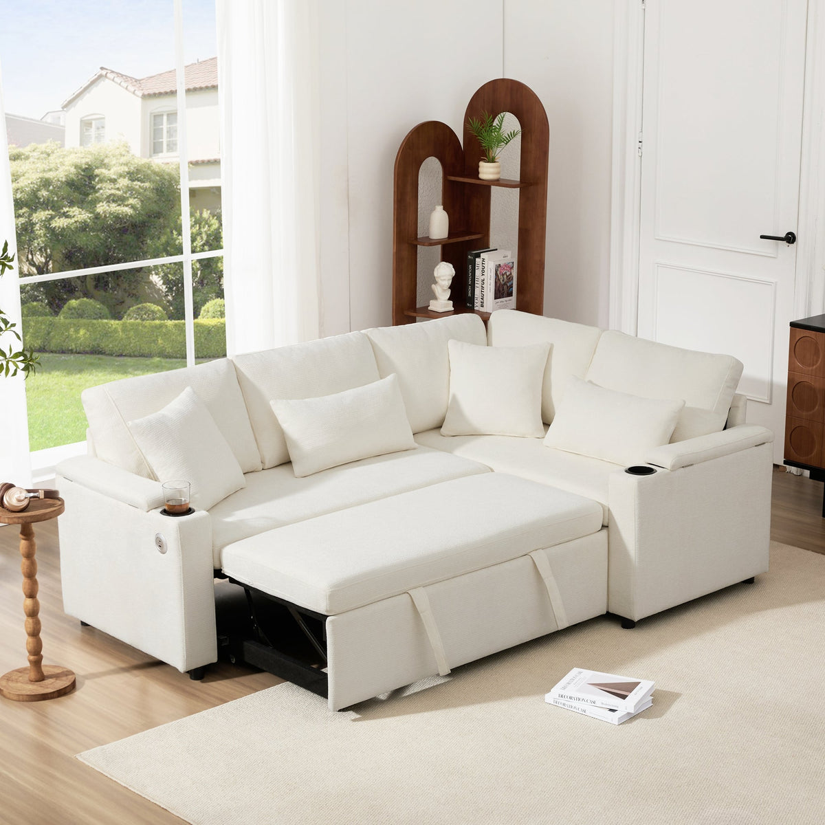 L-Shaped Corner Sofa, Extendable Chaise Storage Cup Holders USB Armrest, Beige