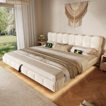 Upholstered Double Bed 180x200cm Storage LED, Beige Chenille