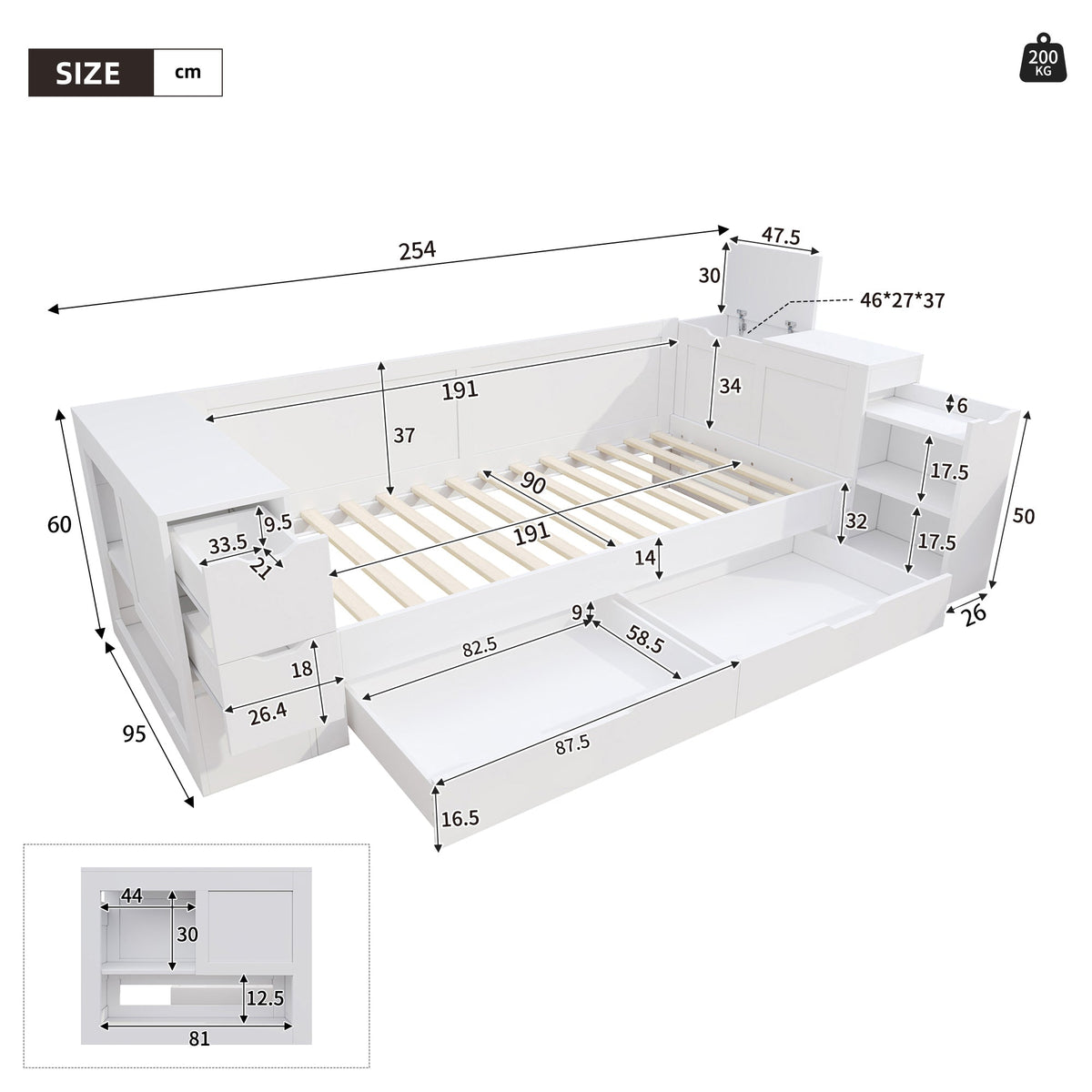 Lit Enfant Simple avec Tiroirs et Rangement, 90x190cm, Blanc