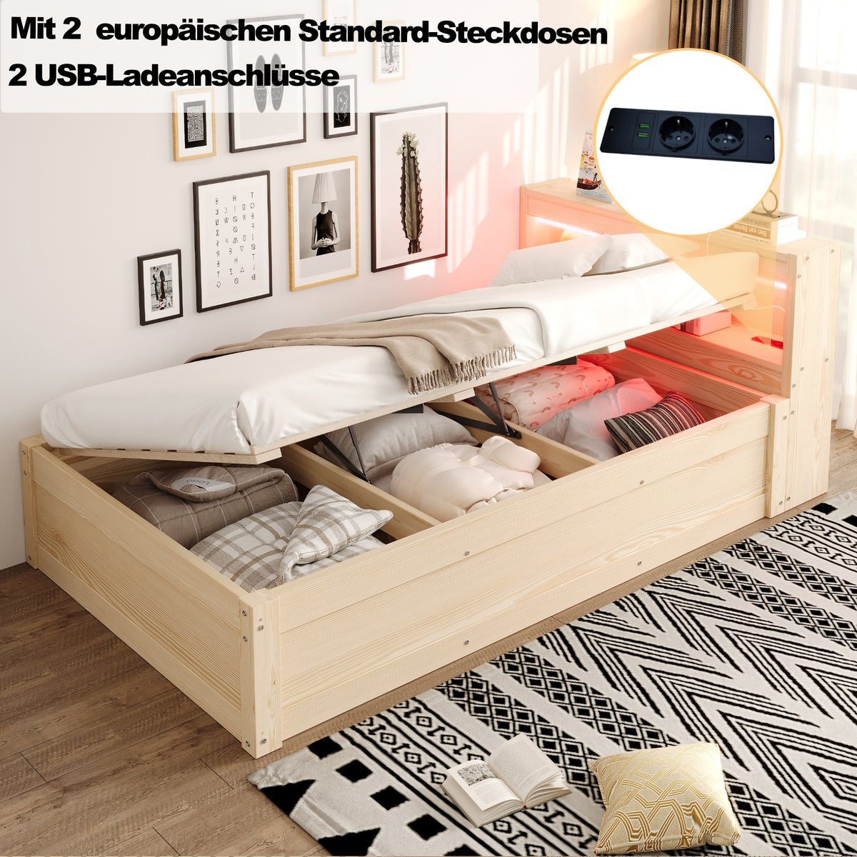 Sofa Bed 90x200cm with LED Light & Storage, Solid Wood