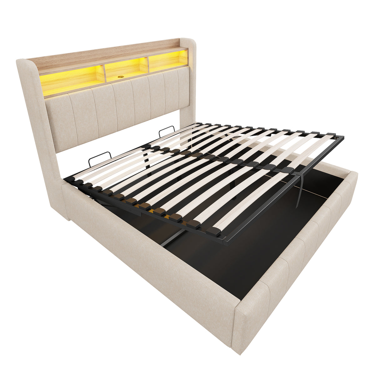 Upholstered Bed 140x200cm with Storage & LED, Beige Linen