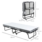Guest Bed Folding Bed with Wheels, Steel and Foam, 200x75x42.5cm - White/Black