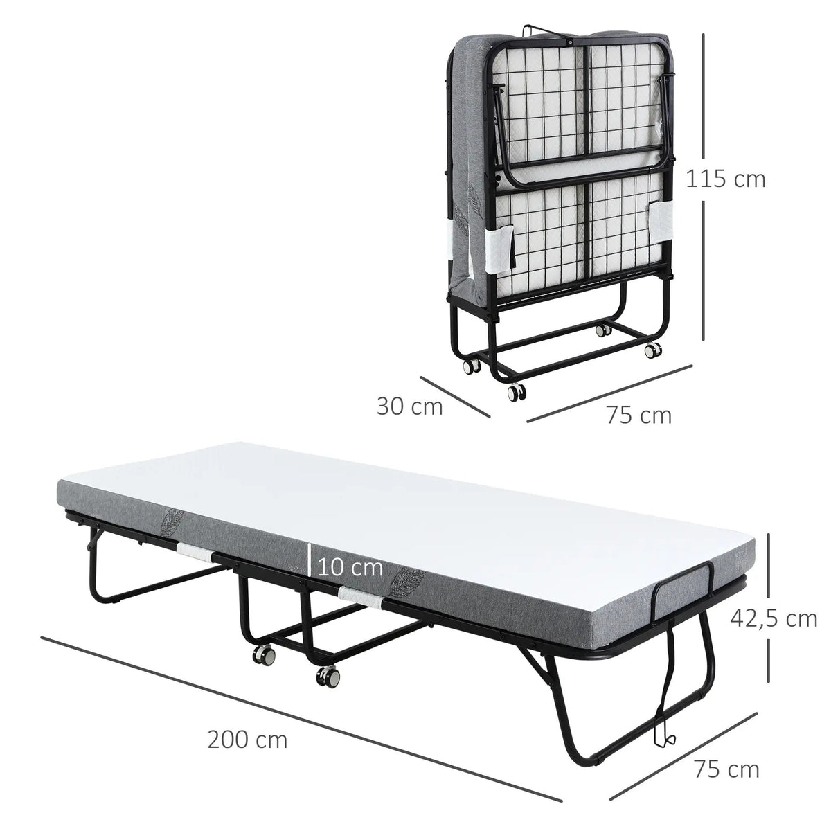 Guest Bed Folding Bed with Wheels, Steel and Foam, 200x75x42.5cm - White/Black
