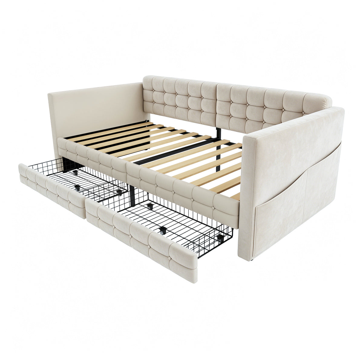 Upholstered Sofa Bed 90x190 with Storage & Drawers in Beige Velvet
