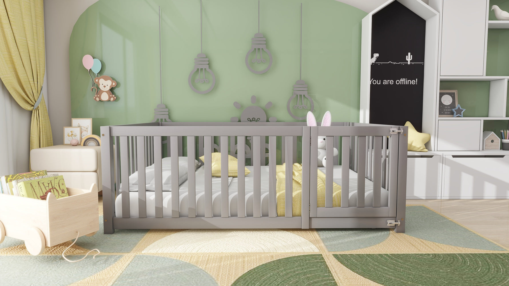 Children's bed 140 x 200, wooden floor bed frame with fence and door, grey