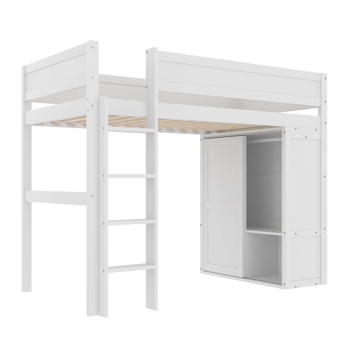 Loft Bed 90x200cm with Wardrobe & Storage, White Pine Wood