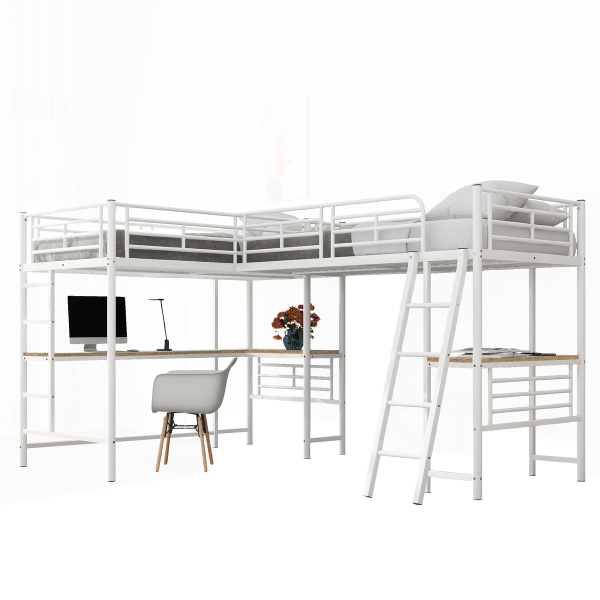 Loft Bed 90x200cm with Desk & Double Staircase, White