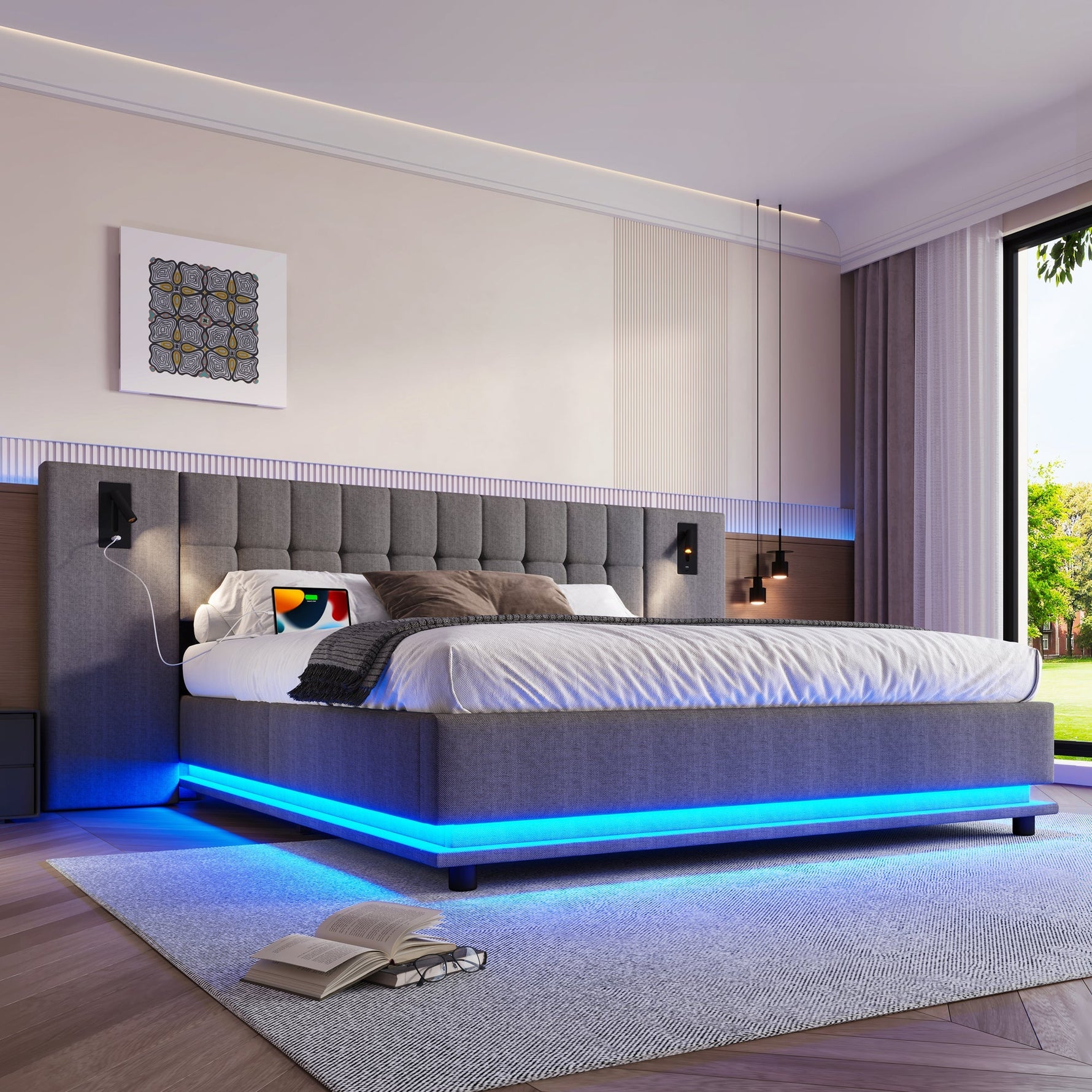 Upholstered Bed 180x200cm LED Spotlight USB Port - Linen Grey