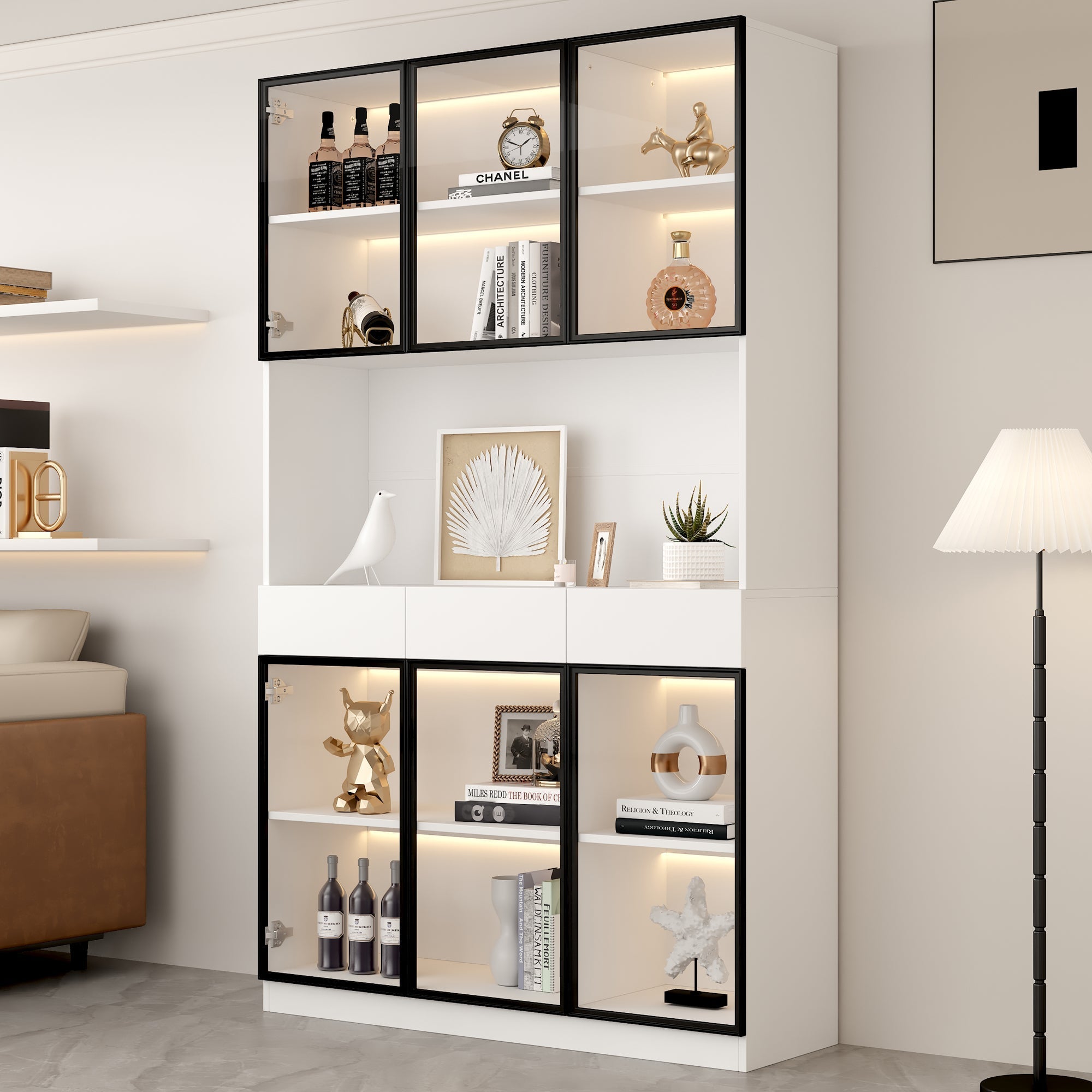 White Display Cabinet with LED Lights and 6 Glass Doors, 200cm High, White and Black Aluminium Frame