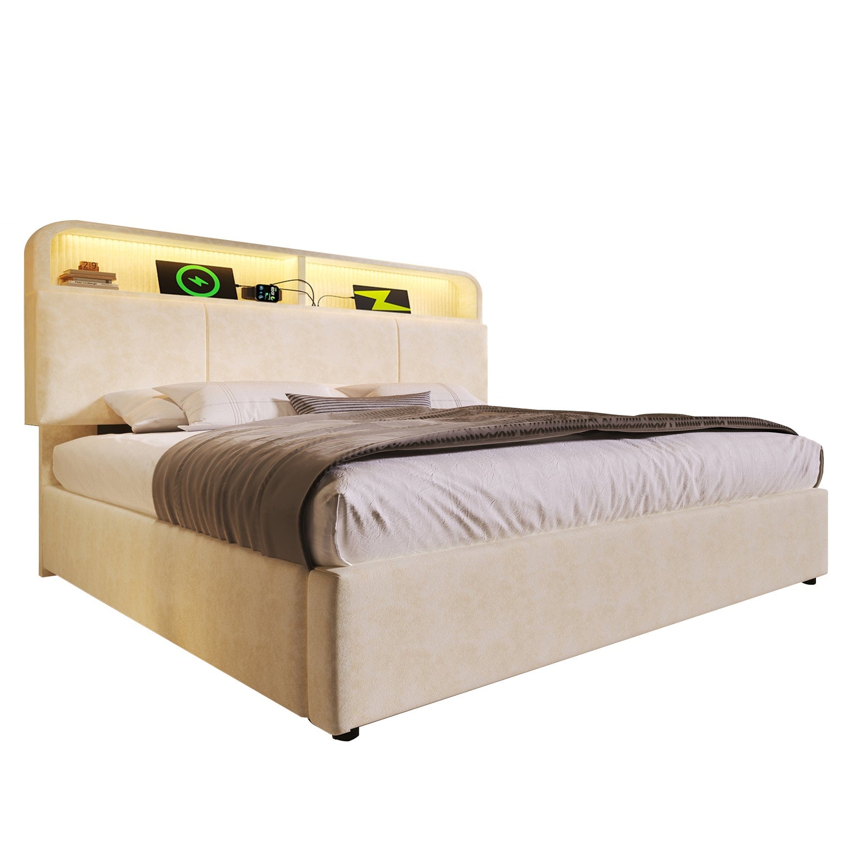 Upholstered Double Bed with Hydraulic Storage, LED, and USB Charging, 140x190cm, Beige Velvet