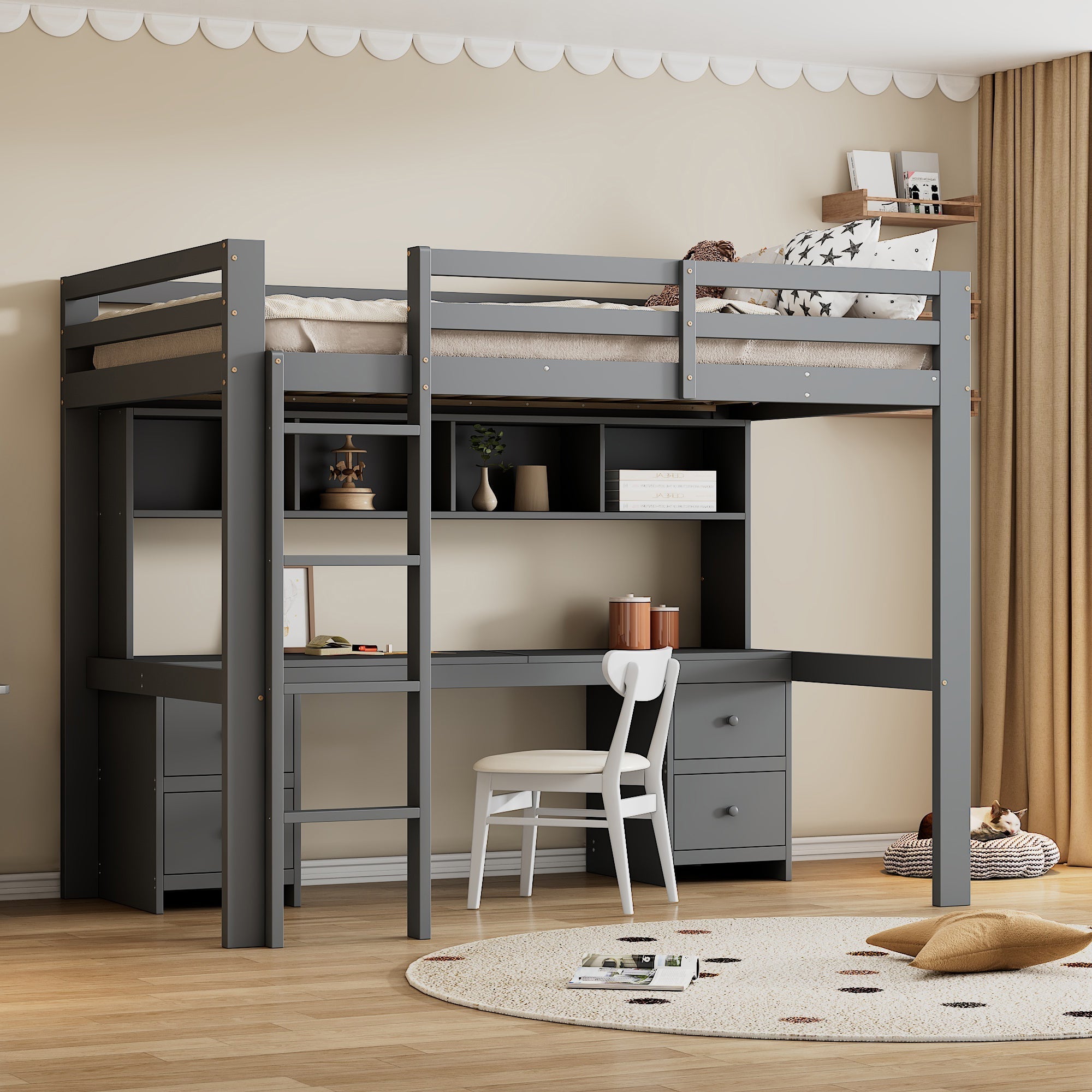 Loft Bed for Children with Desk and Storage, 90x200 cm, Grey