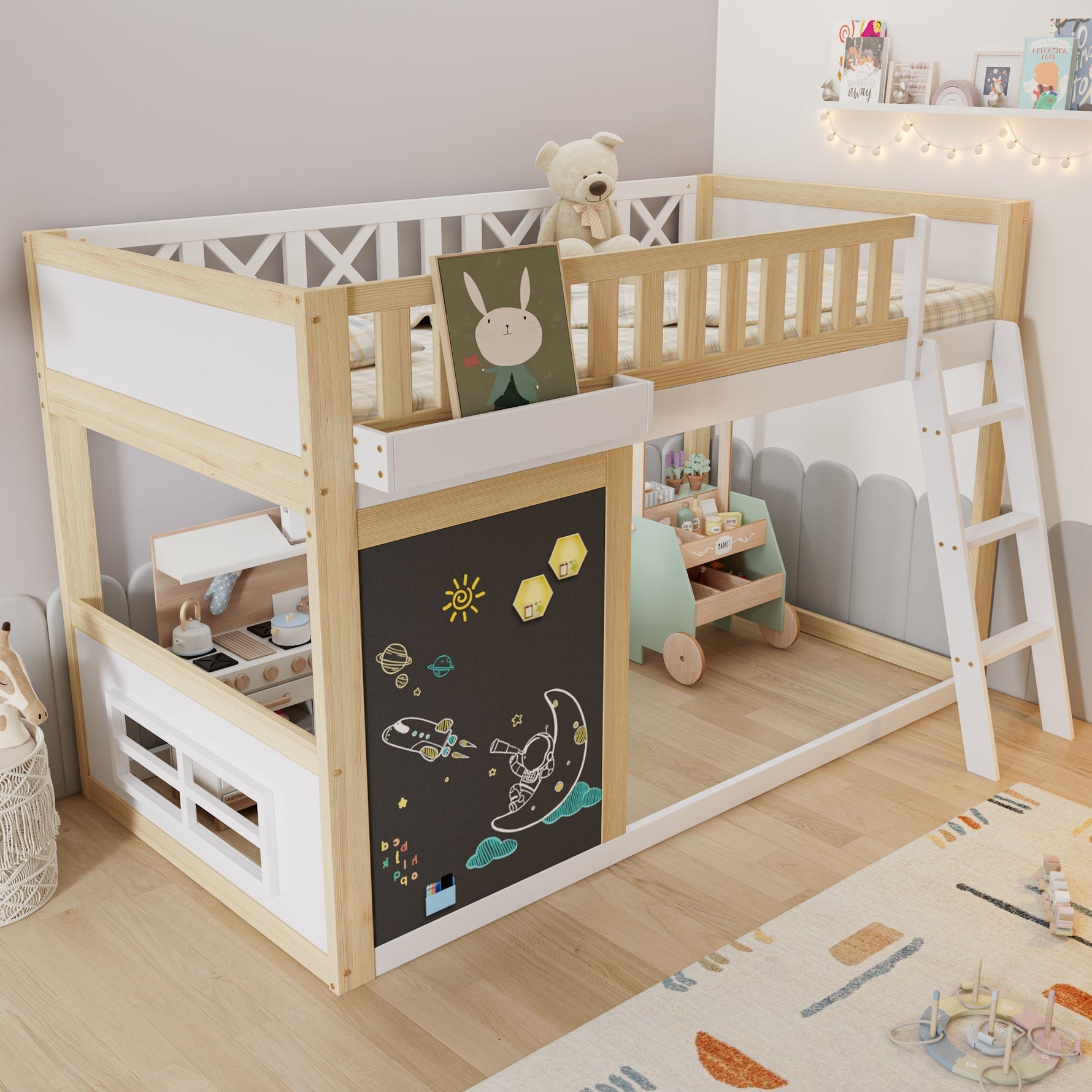 Bunk Bed Chalkboard Storage Safety Railing Pine + MDF White/Natural 90x200cm