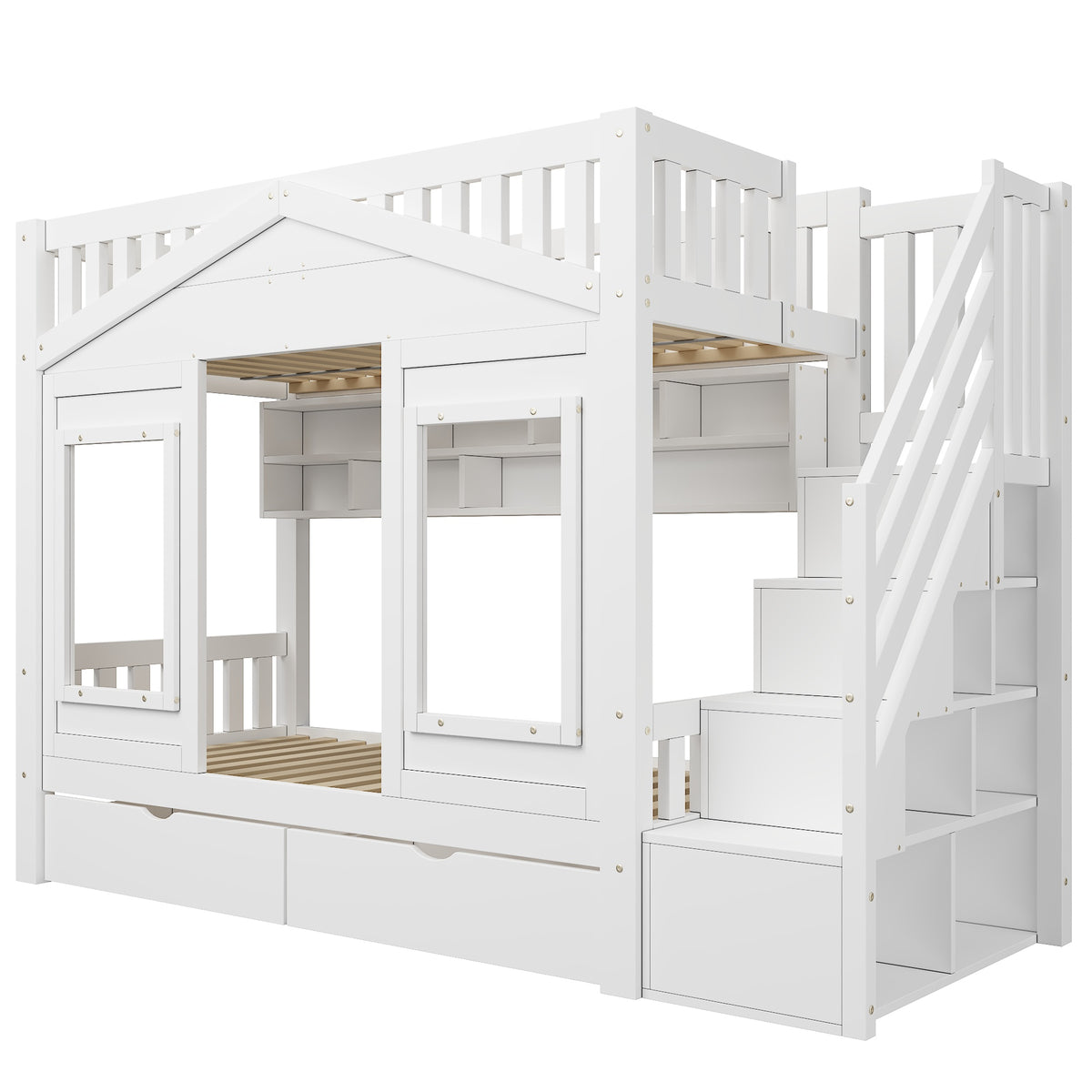 Children's Bunk Bed 90x200cm with Storage Stairs, Solid Wood White