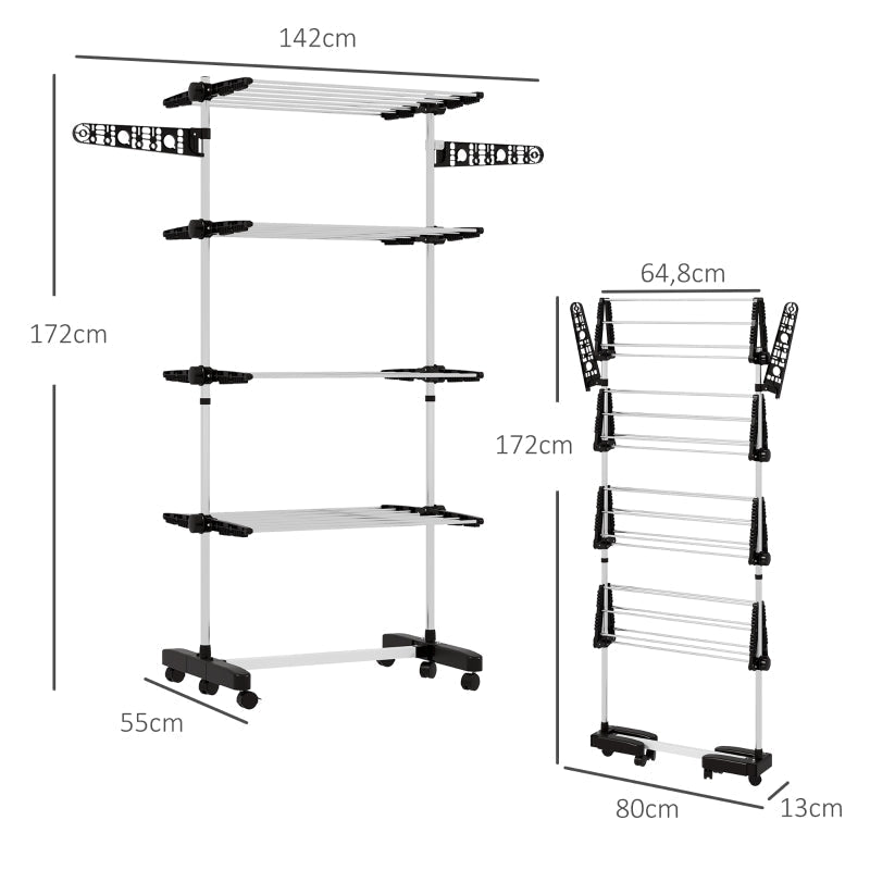 Clothes Airer, 5 Tiers Foldable, One-Click System, Black + Silver