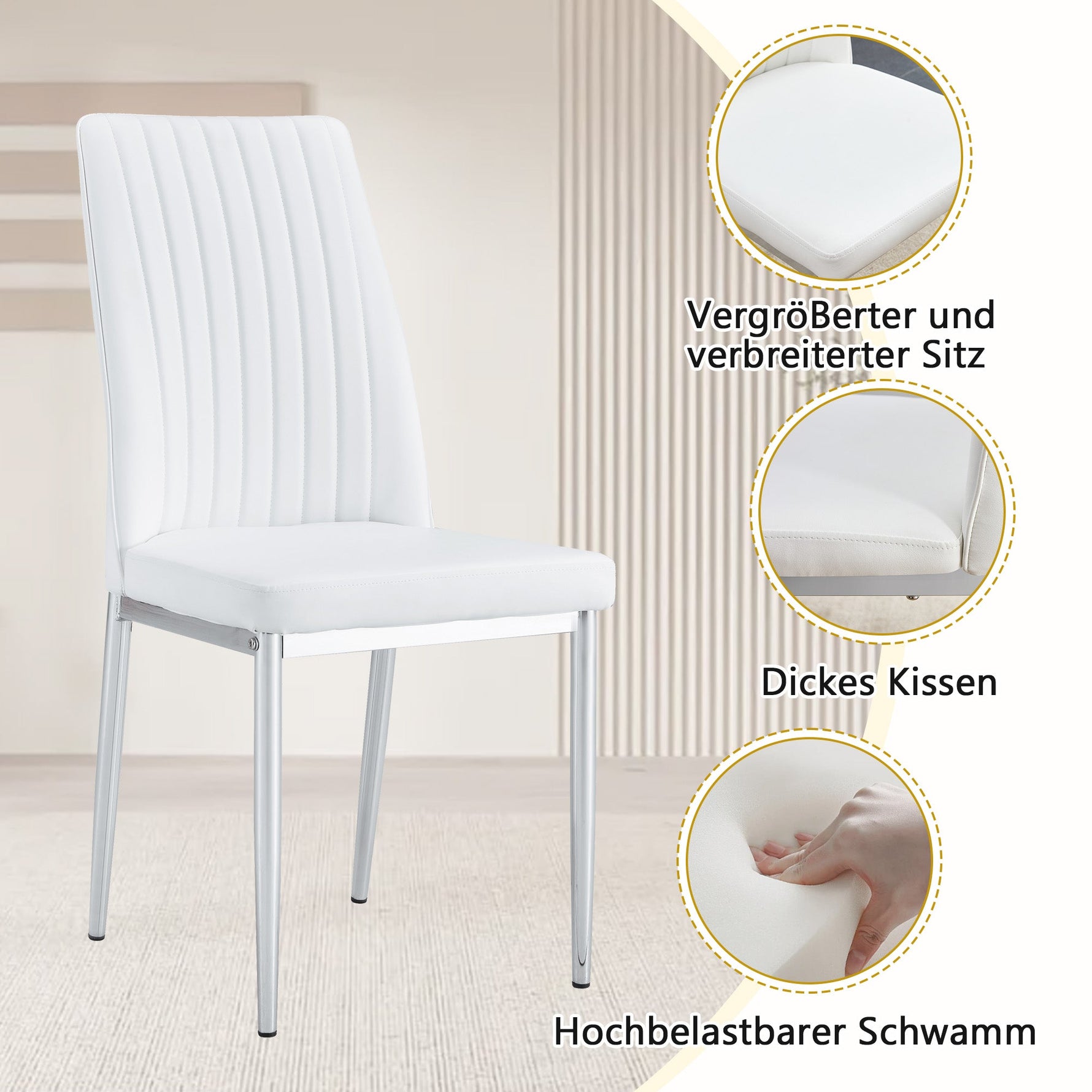 Table Set, Rectangular Dining Table with Storage Shelf and 4 Armchairs, White Faux Leather