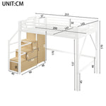 Loft Bed 140x200cm with Storage & Wardrobe in White Metal