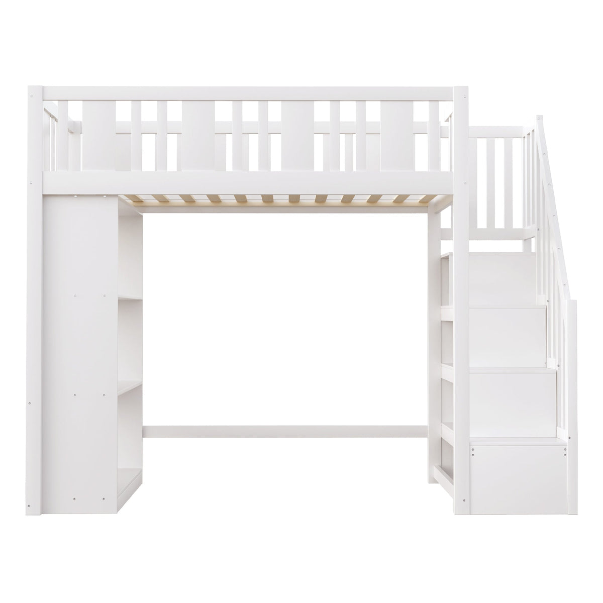 Loft Bed, 90x200cm with Storage Stairs, Functional Wooden Bed, White
