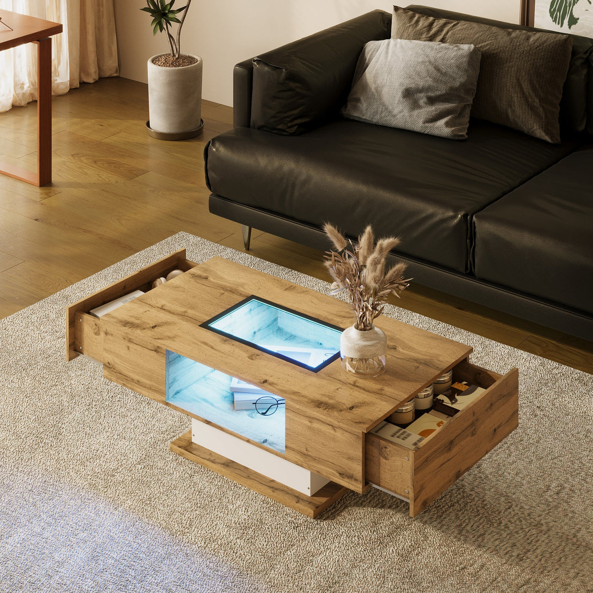 Coffee Table with Color-Changing LED Light, Glass, Two Drawers